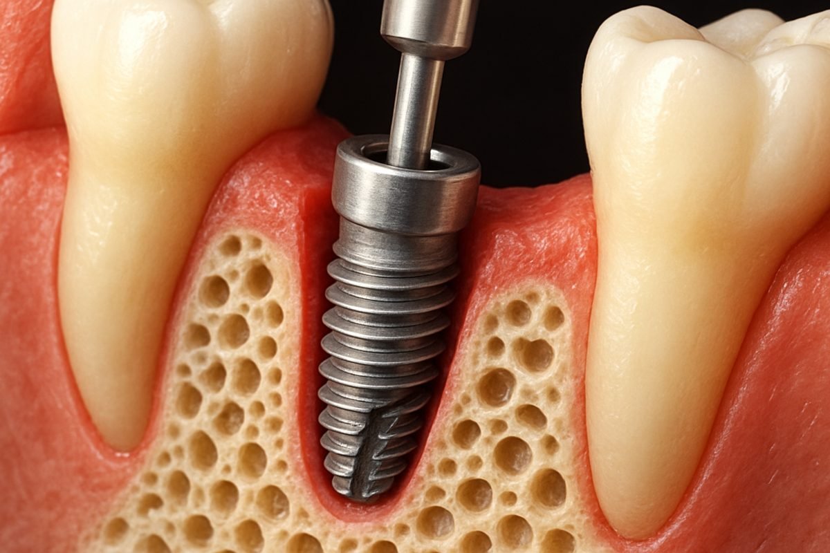 Close-up illustration of a titanium dental implant being placed into the jawbone between two natural teeth