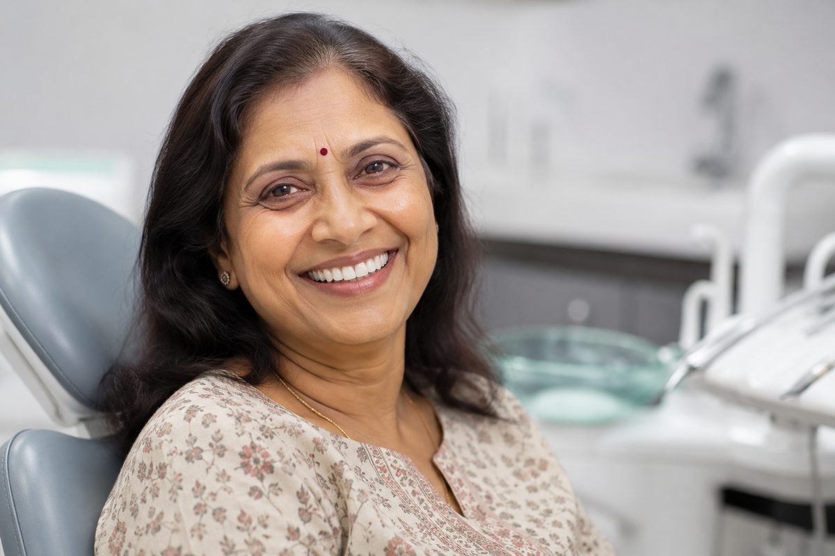 Patient smiling confidently with natural-looking custom dentures at The Smile Edit, Kalyan Nagar Bangalore
